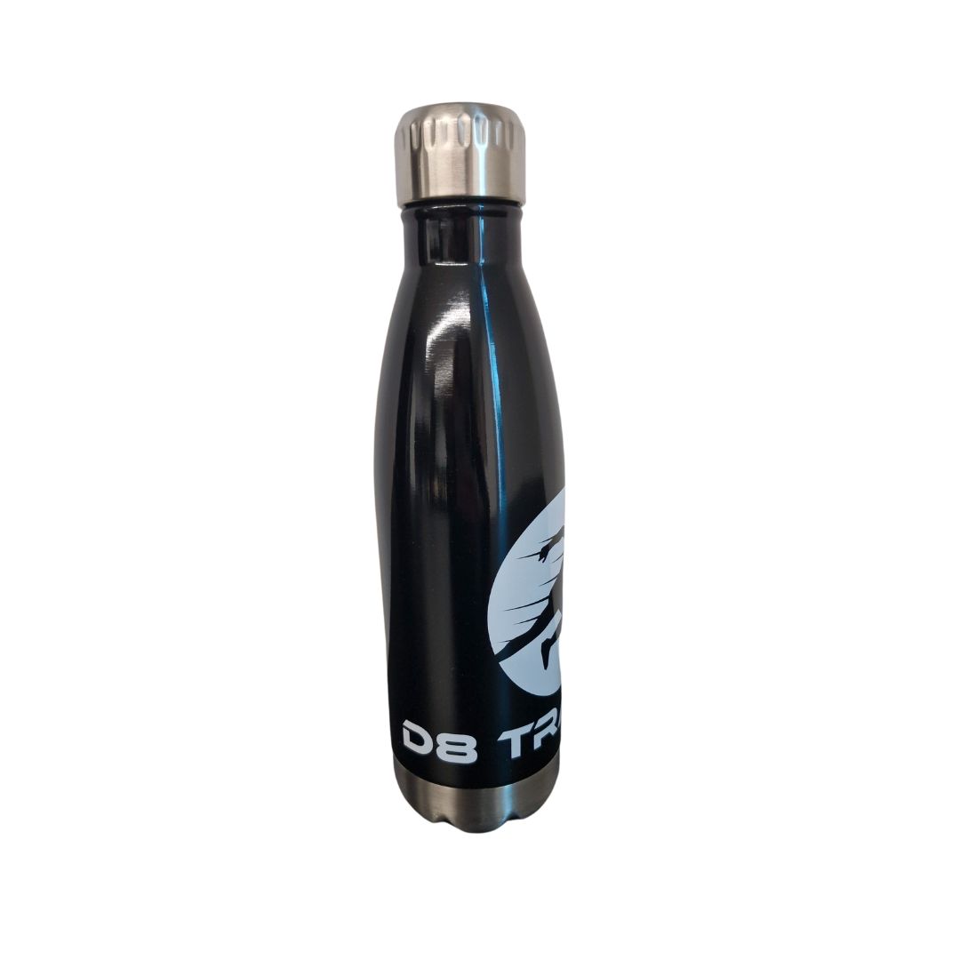 Black stainless steel water bottle with silver cap and runner logo on white background