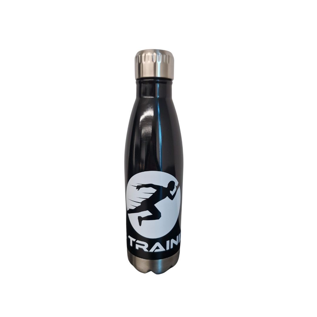 Black stainless steel water bottle with silver cap and runner logo on white background