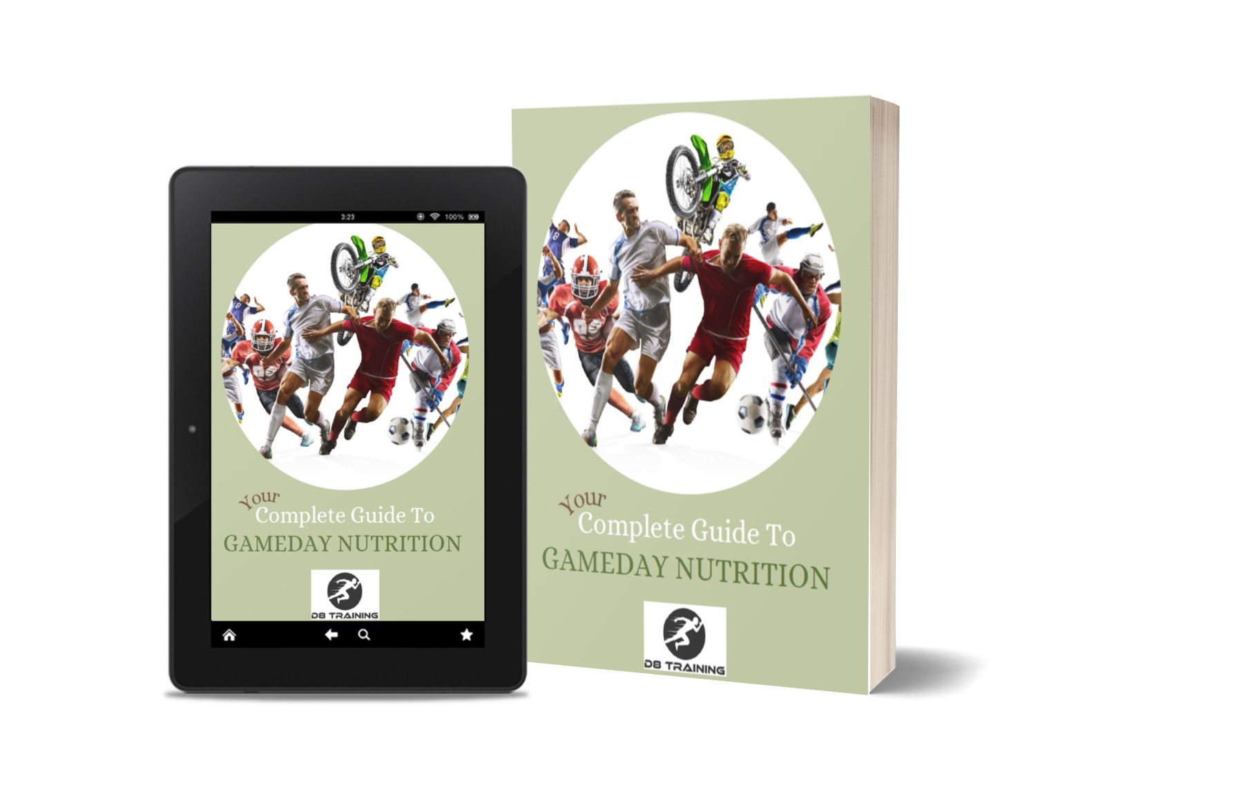Tablet and book mockup with matching green cover art on a white background