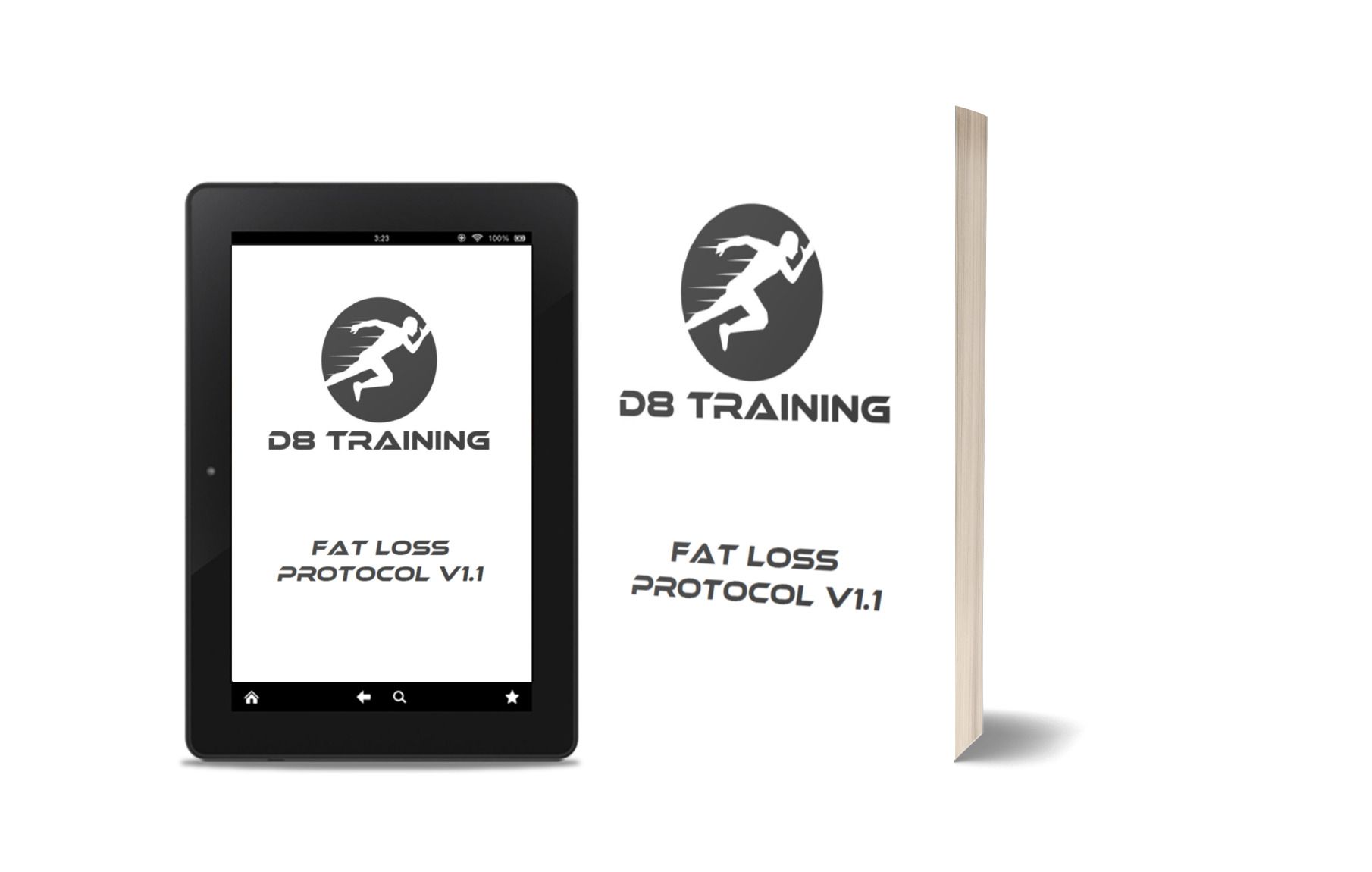 DB Training fat loss protocol V1 shown as a black tablet with matching cover, front and side views