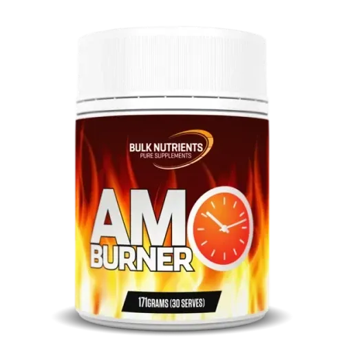 Bottle of Bulk Nutrients AM Burner supplement with white cap and red-orange flame design