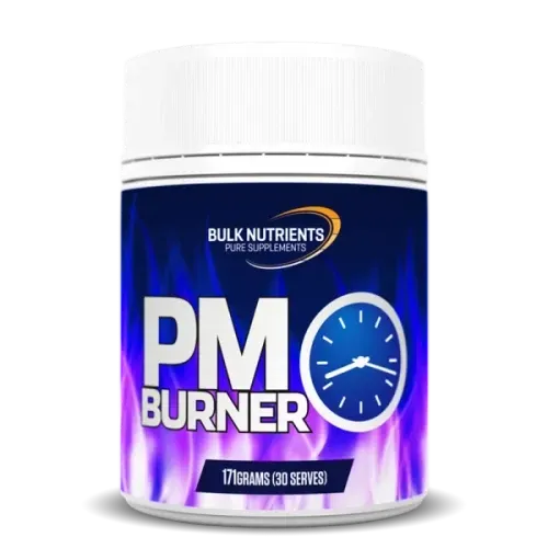 BULK Nutrients PM Burner supplement jar with blue label and clock icon