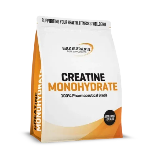 White and orange Bulk Nutrients creatine monohydrate supplement bag on a white background