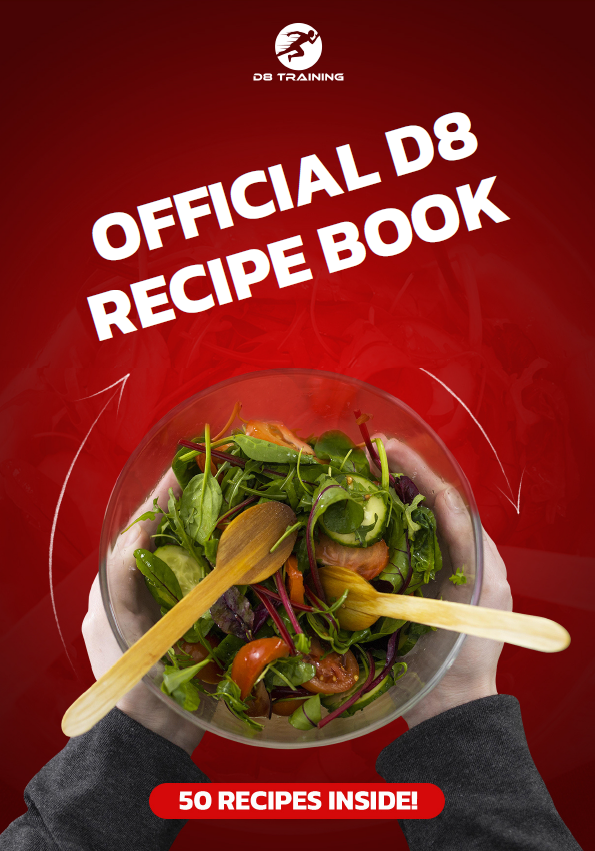 Official D8 recipe book cover with red background and a bowl of food, labeled “50 recipes inside”