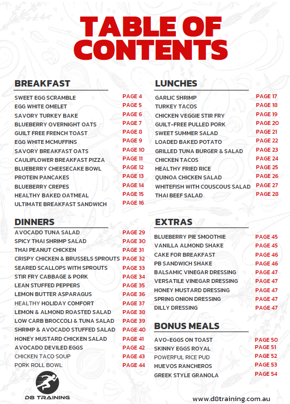 Official D8 recipe book cover with red background and a bowl of food, labeled “50 recipes inside”