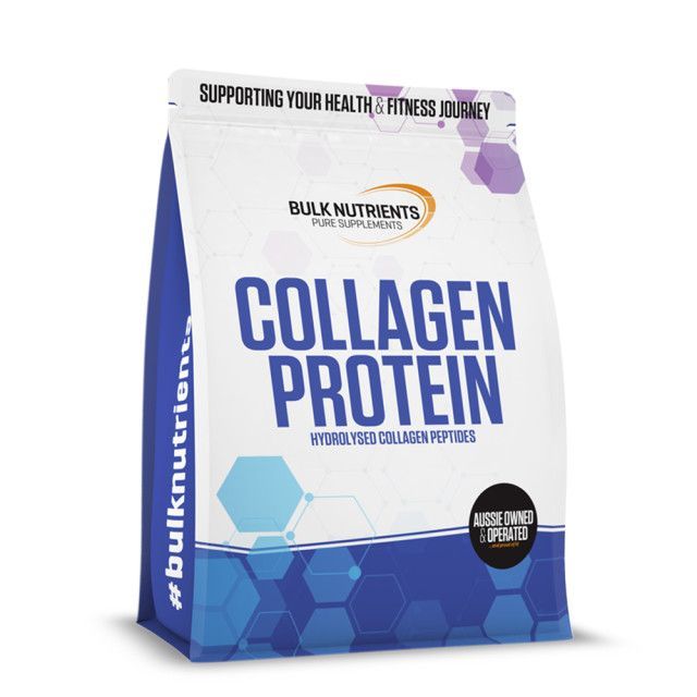 White and blue bag of Bulk Nutrients Collagen Protein powder with hexagon design