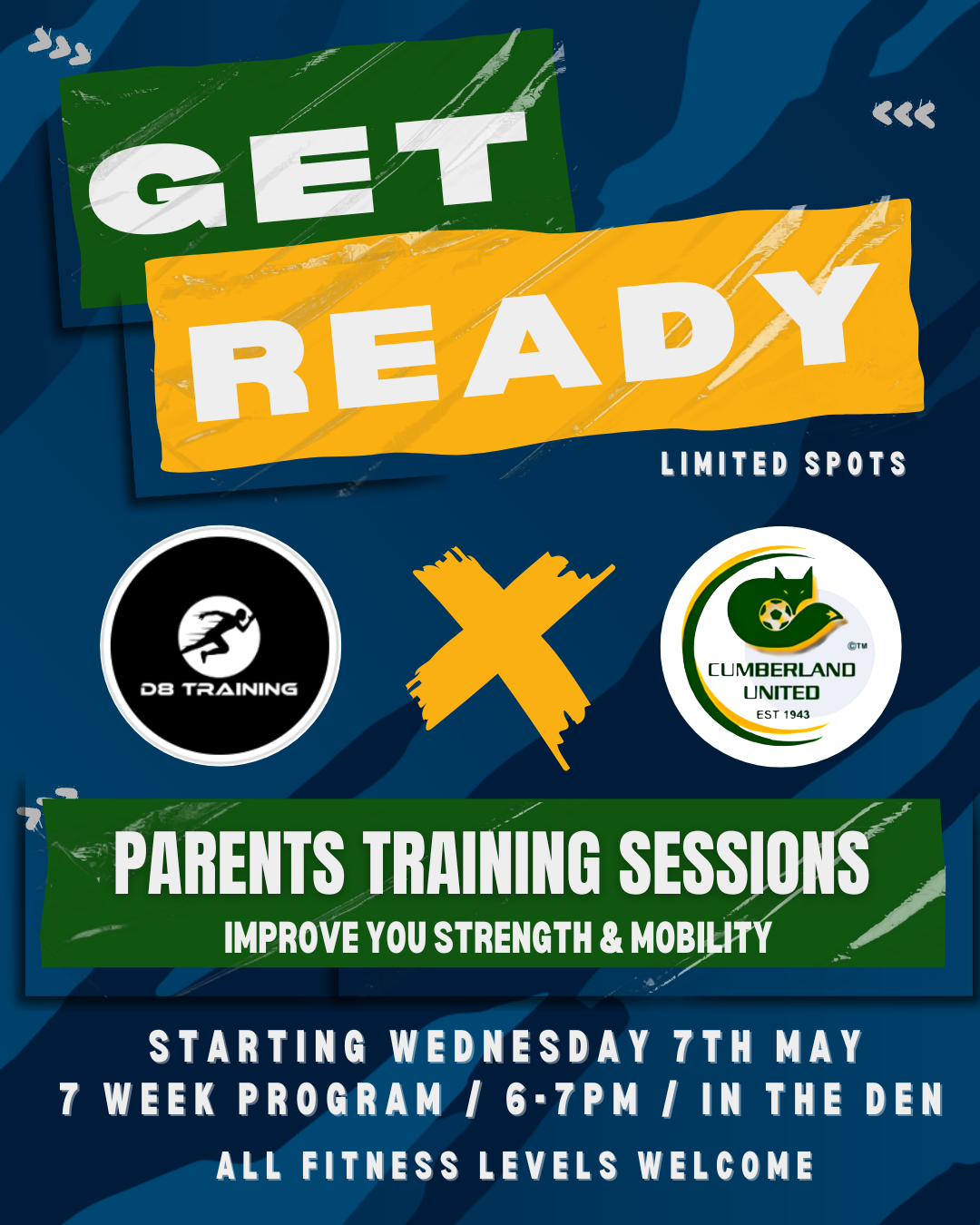 Green and yellow poster for parents training sessions, with logos and event details for weekly classes.
