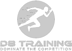 White silhouette of a runner in motion inside a grey circle, below text "D8 TRAINING DOMINATE THE COMPETITION".