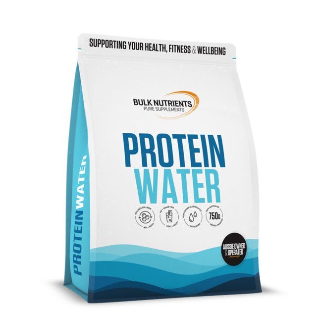 White and blue Protein Water bag with Bulk Nutrients branding and wave design on the front