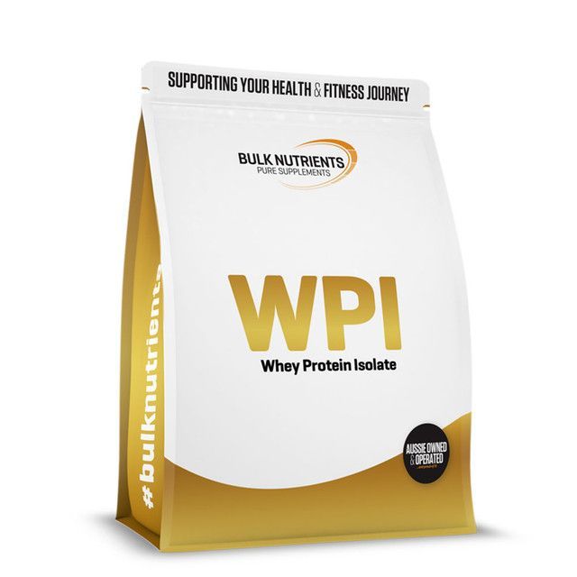 Whey protein isolate supplement bag in white and gold packaging with large “WPI” text