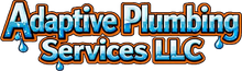 Adaptive Plumbing Services LLC logo in blue and orange text with water drop accents