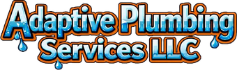 Adaptive Plumbing Services LLC logo in blue and orange text with water drop accents