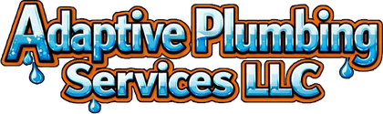 Adaptive Plumbing Services LLC logo in blue and orange text with water drop accents