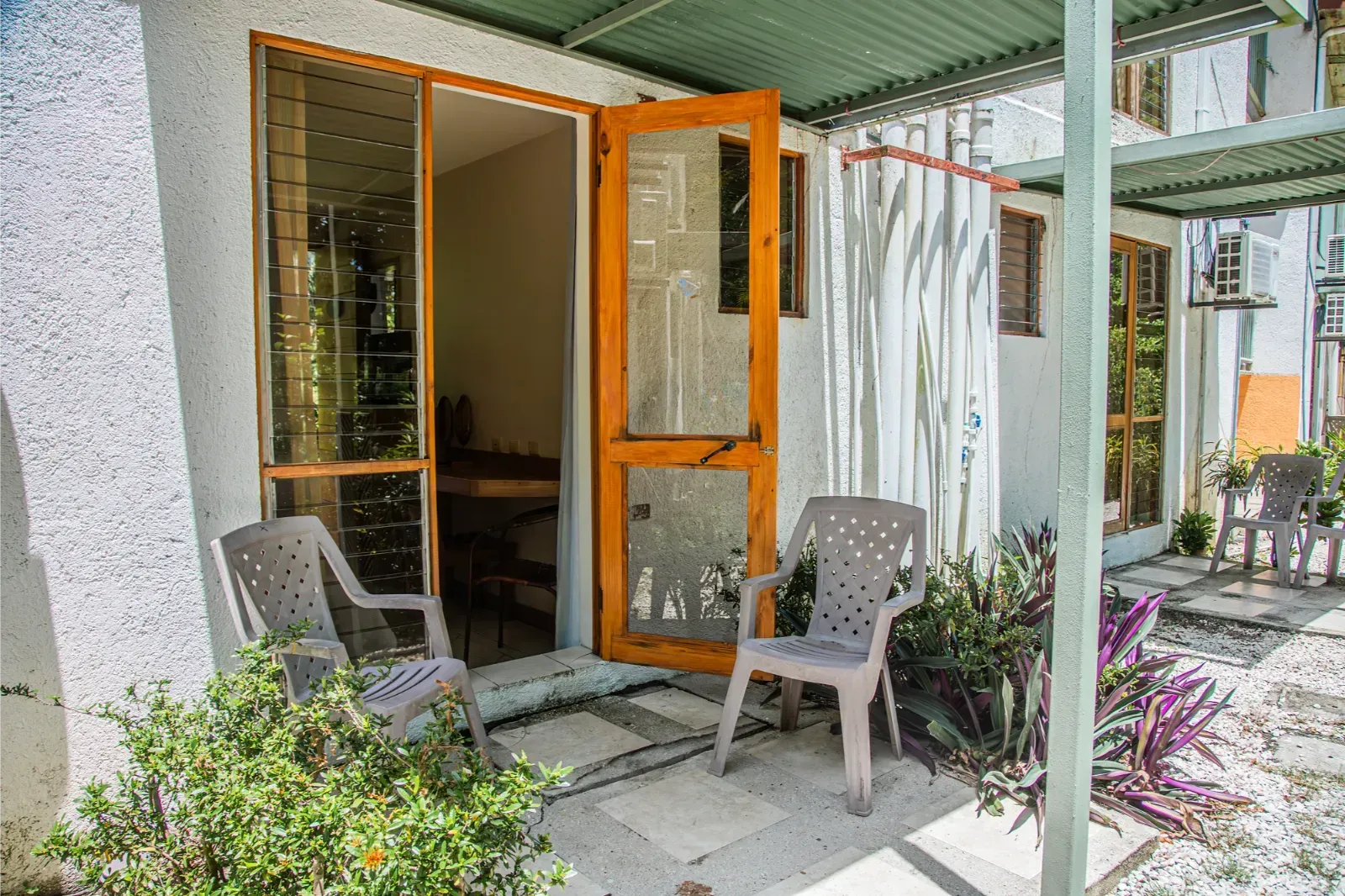A small white building with an open wooden door, chairs on a patio, and a leafy green plant.