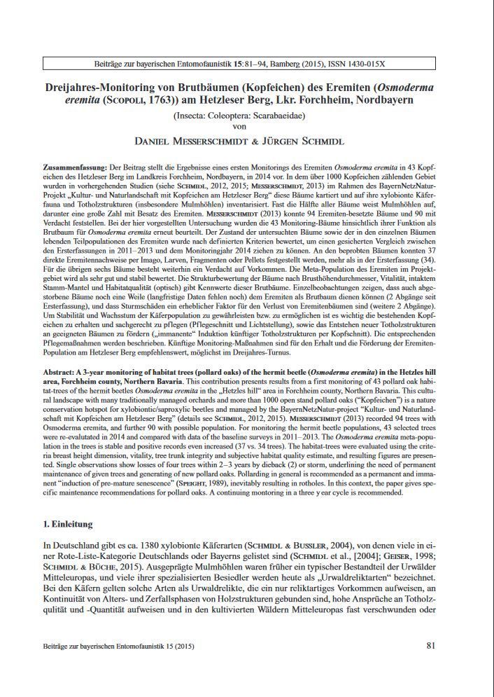 Dreijahres-Monitoring von Brutbäumen (Kopfeichen) des Eremiten am Hetzleser Berg, Landkreis Forchheim, Nordbayernhen am Hetzleser Berg, Landkreis Forchheim Dreijahres-Monitoring von Brutbäumen (Kopfeichen) des Eremiten am Hetzleser Berg, Landkreis Forchheim, Nordbayern