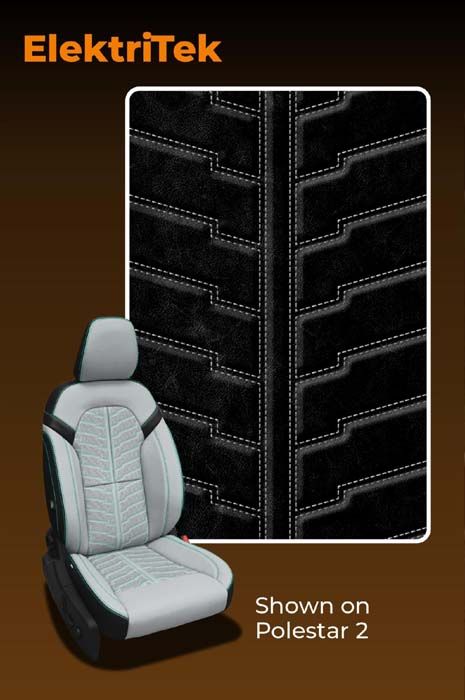 ElektriTek ad: Car seat with gray and black design, shown on Polestar 2.