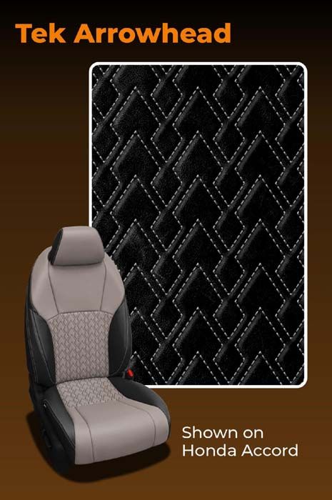 Tek Arrowhead car seat covers. Black and gray design with patterned diamond stitching, shown on a Honda Accord.