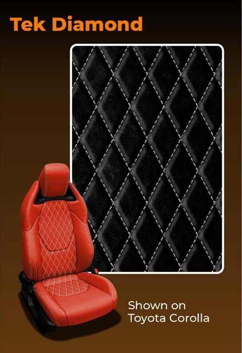 Red and black Tek Diamond car seat with diamond stitching, shown on a Toyota Corolla.