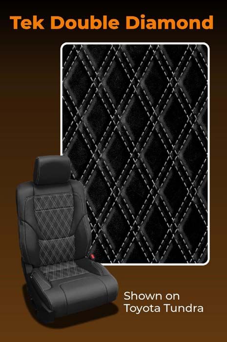 Black car seat with double diamond stitching; sample fabric displayed; shown on a Toyota Tundra.