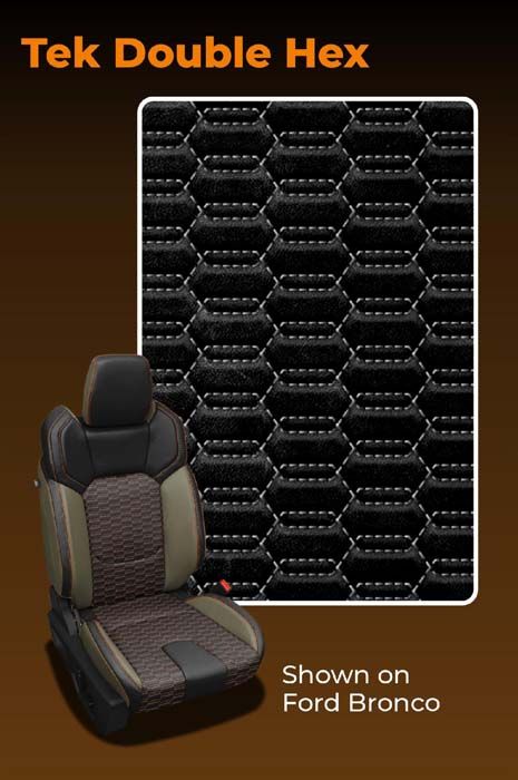 Tek Double Hex seat design shown on a Ford Bronco seat, featuring black hex pattern and multi-tone seat colors.