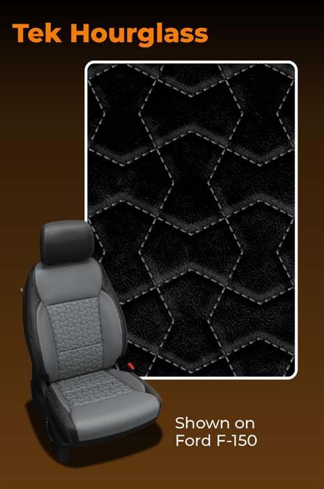 Gray and black car seat with hourglass pattern, shown on a Ford F-150.