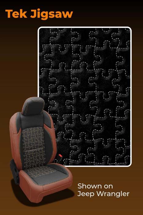 Tek Jigsaw seat cover design on a Jeep Wrangler. Black fabric with white stitching and red accents.