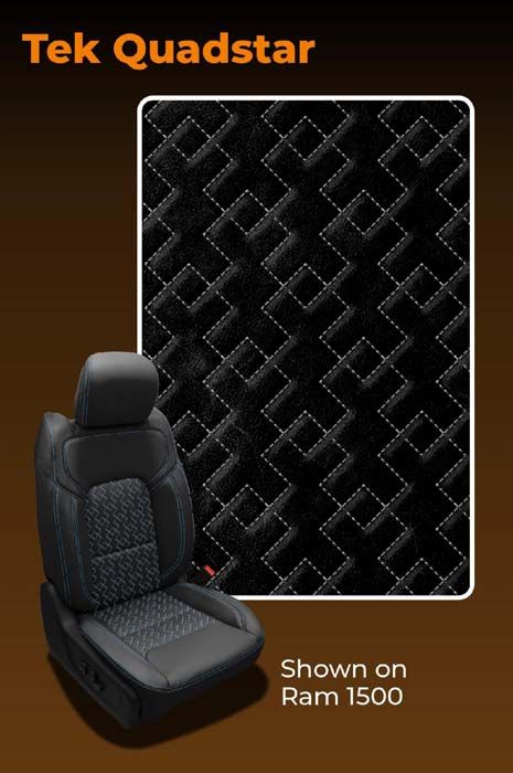 Tek Quadstar car seat cover shown on a Ram 1500 in black with a geometric pattern.