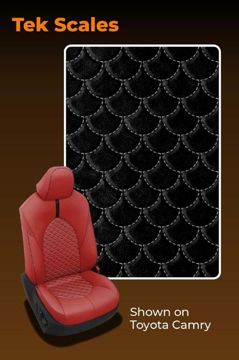 Red car seat with black scale pattern, 