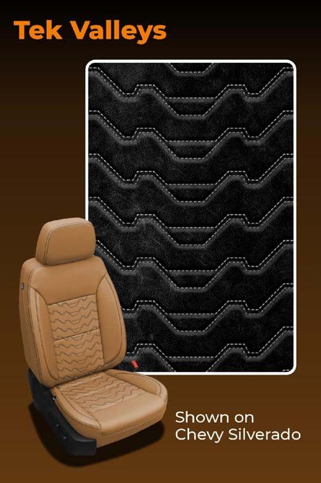 Tek Valleys seat cover design. Features a black wavy pattern with beige seats. Shown on a Chevy Silverado.