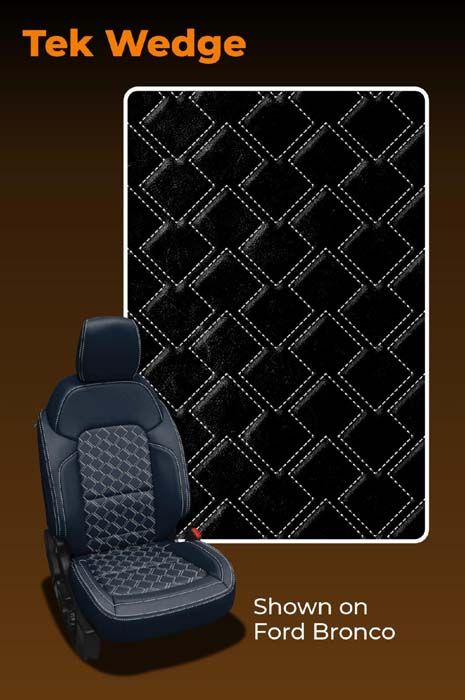 Black Tek Wedge car seat design, shown on a Ford Bronco, features diamond pattern and white stitching.
