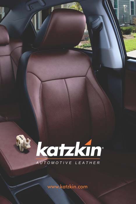 Katzkin car seat interior in burgundy and black leather, showcasing the brand.