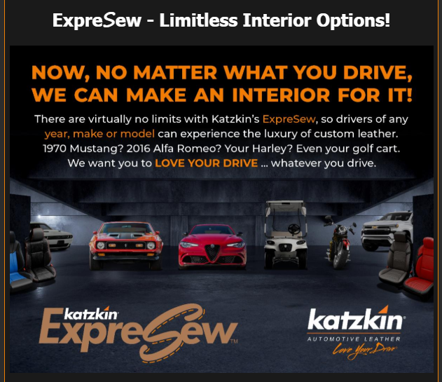 Advertisement for Katzkin ExpreSew featuring various vehicles, like a Mustang, and a golf cart, highlighting custom leather interior options.