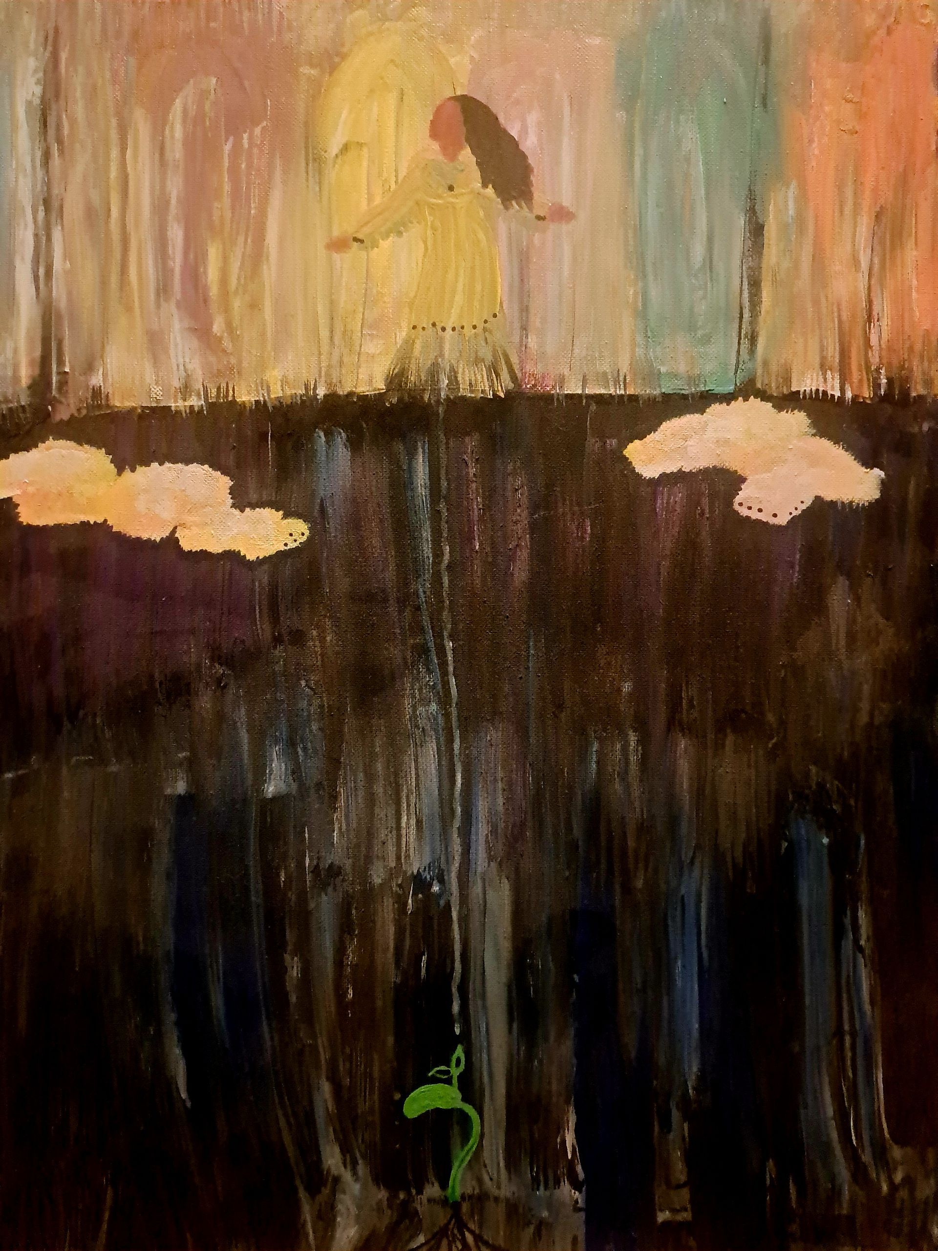 Abstract painting of a figure in a yellow dress above dark vertical strokes with white cloud shapes and a green sprout below