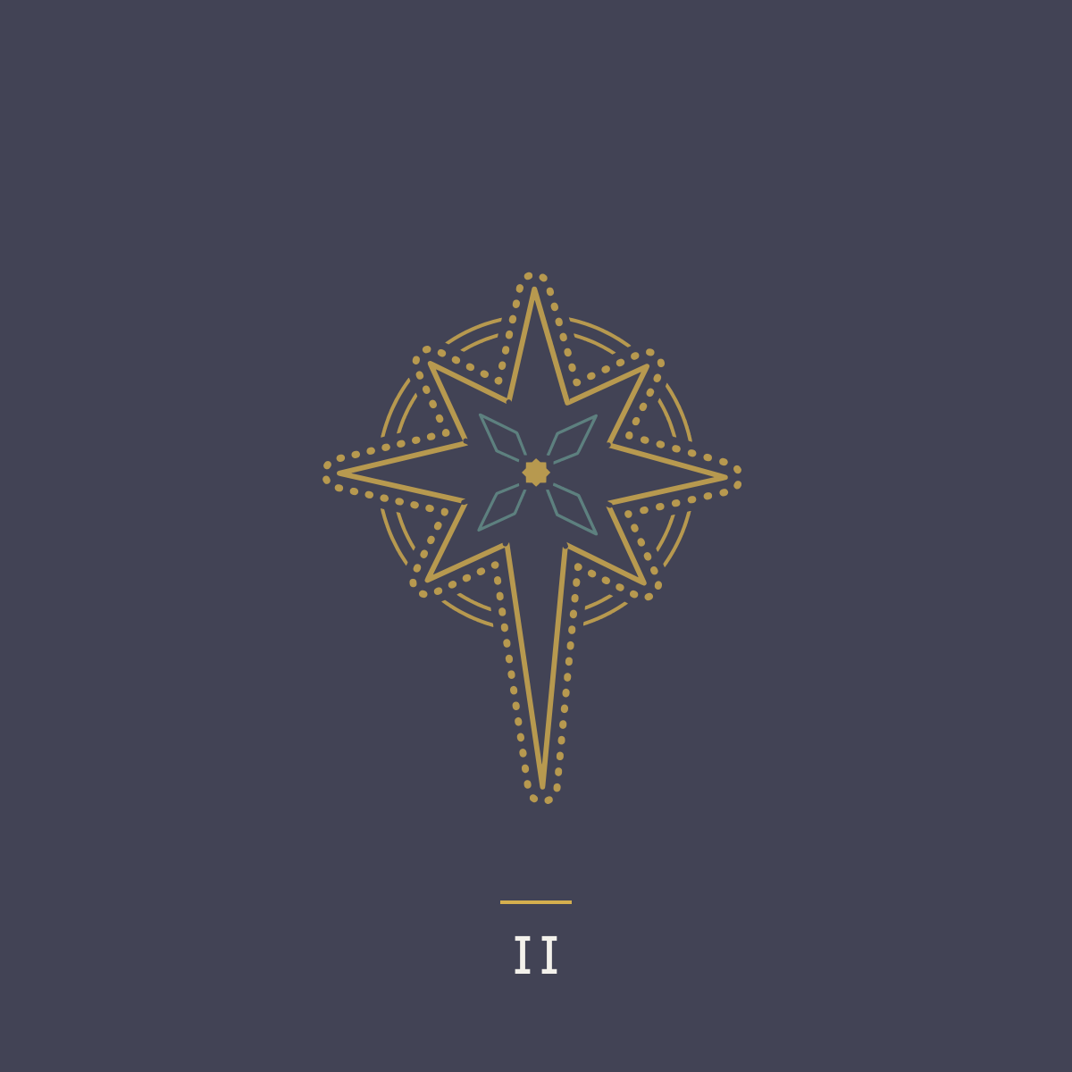 Gold compass rose with geometric star and Roman numeral II on a pale background