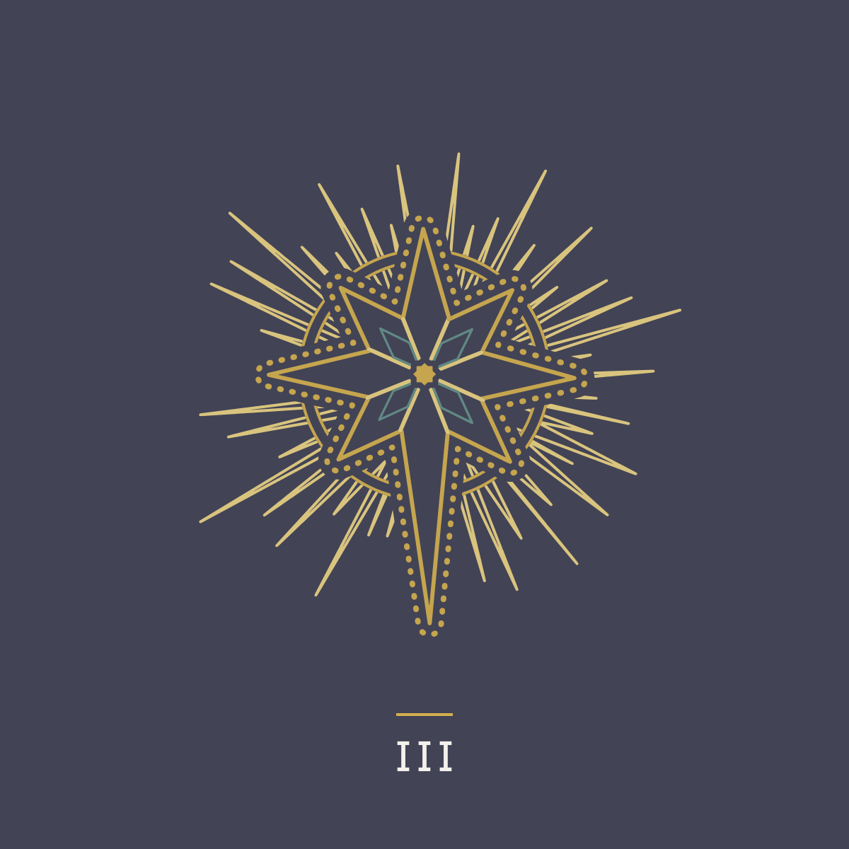 Minimal gold and teal starburst medallion with Roman numeral III beneath it on a light background