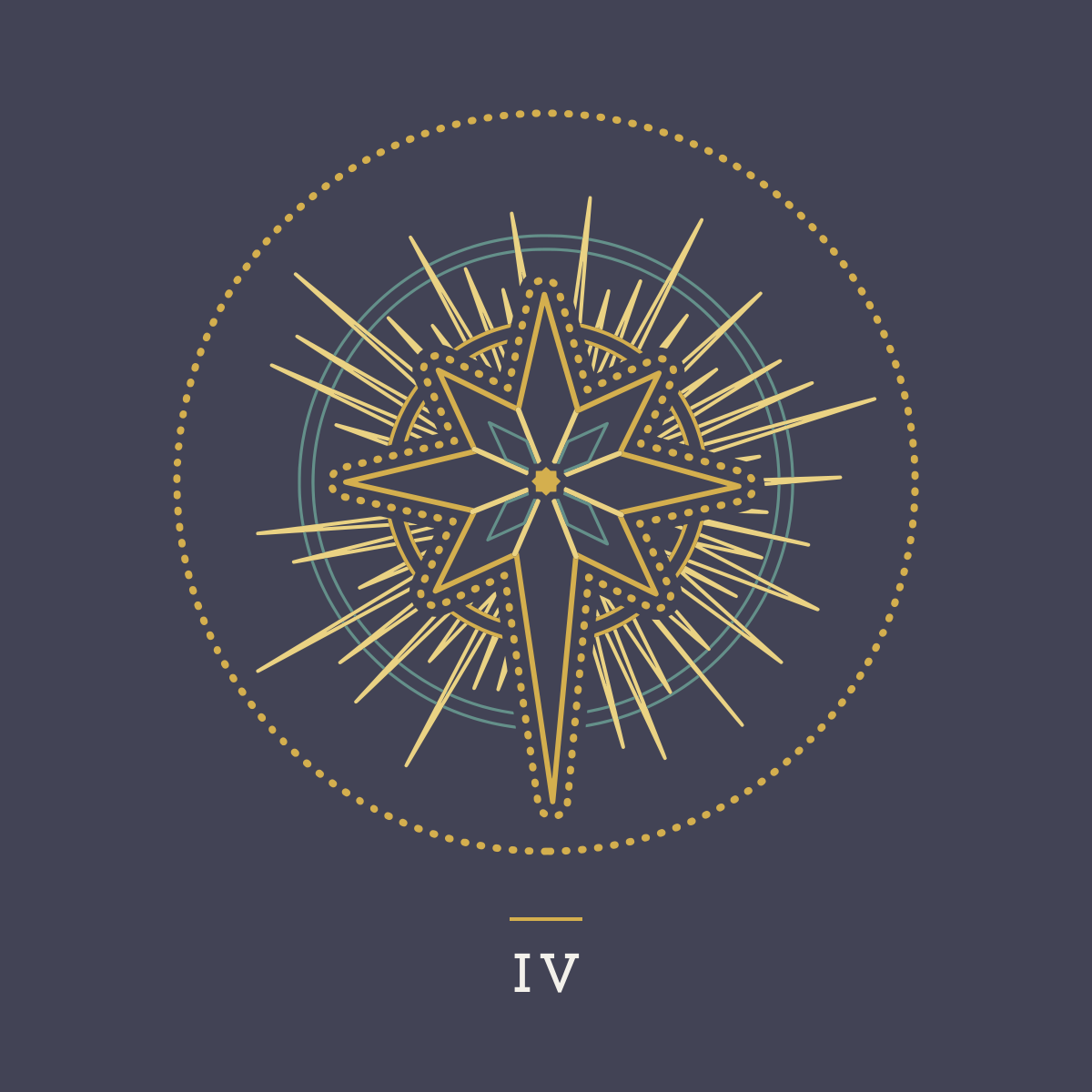 Gold compass rose emblem with dotted circle and Roman numeral IV underneath