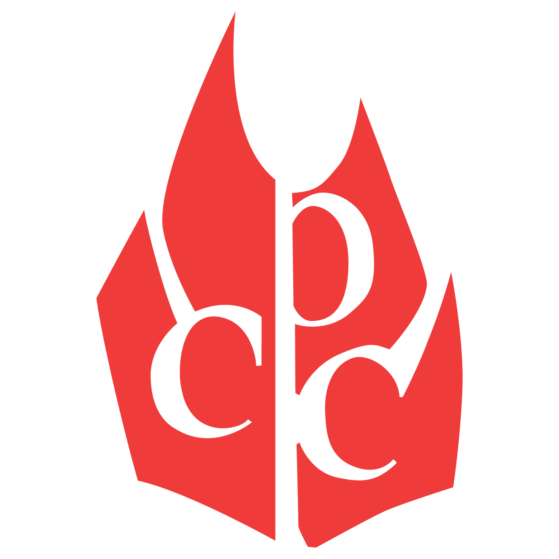 Red stylized flame logo with white lowercase letters “c” and “p” on a white background