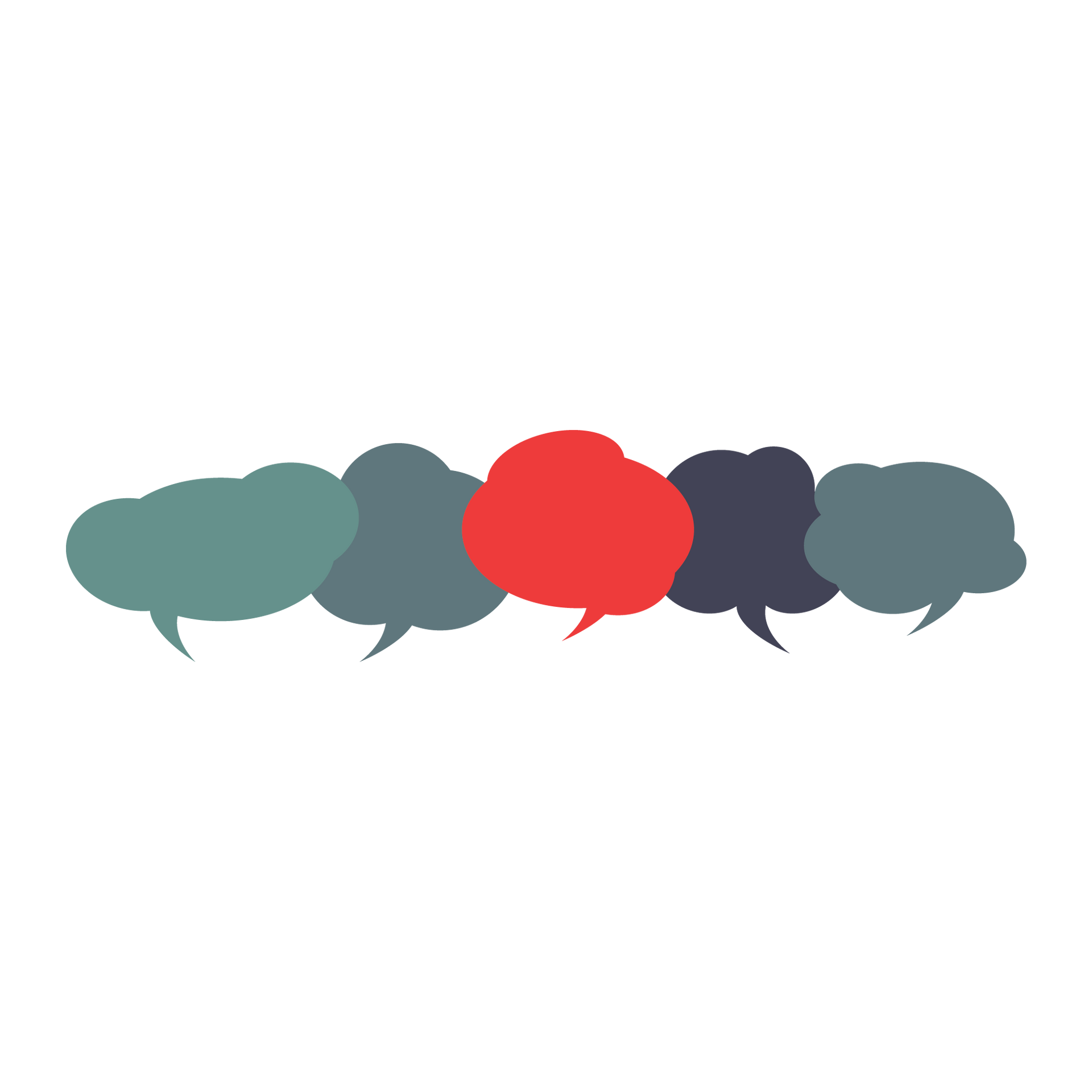 Five overlapping speech bubbles in teal, gray, red, dark purple, and gray on a white background