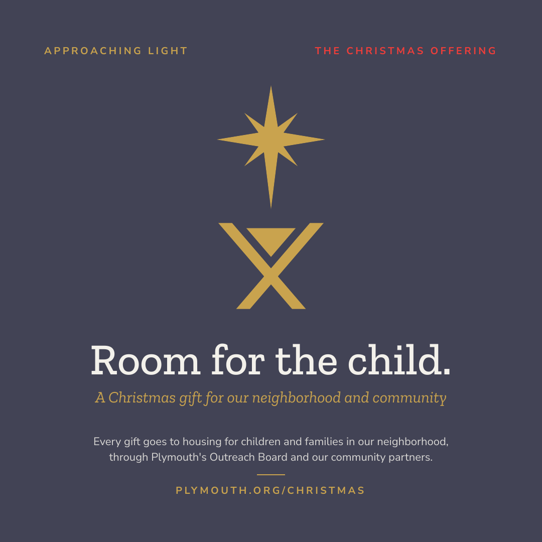 Purple holiday poster with gold star logo and the words “Room for the child.”