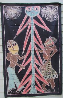 Two figures flank a tall red-and-pink pole with starbursts above on a black background.