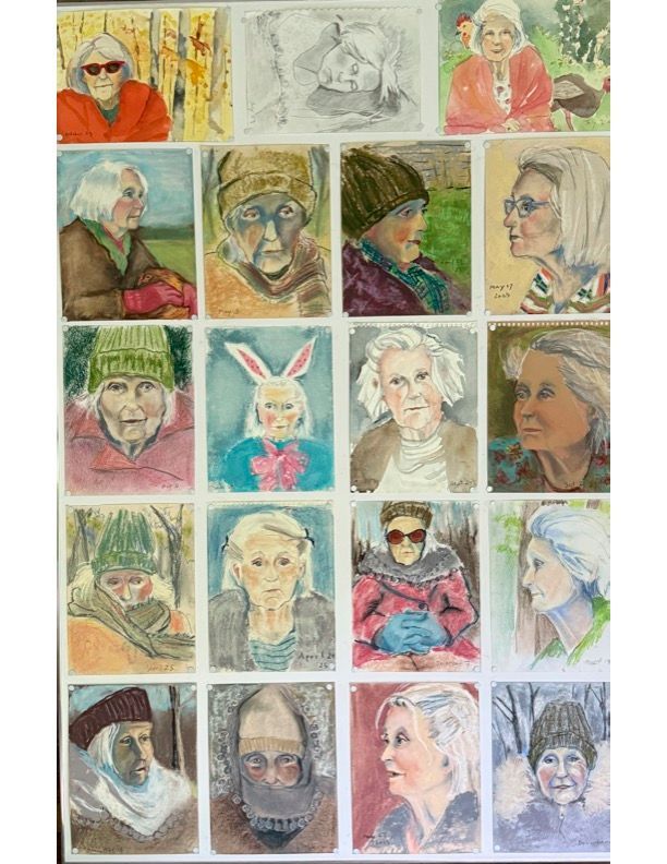 Grid of colorful portrait sketches featuring varied faces, including a rabbit mask and winter hats