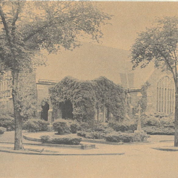 Sepia garden scene with a vine-covered arch, trees, and a fountain in a landscaped courtyard