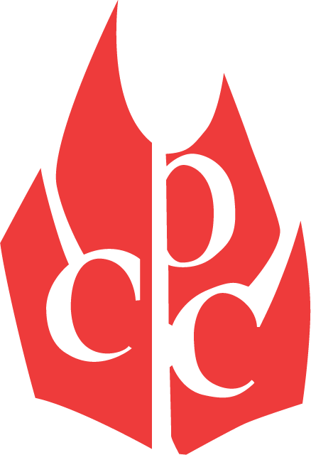 Red flame-shaped logo with white lowercase letters “PCC” on a white background