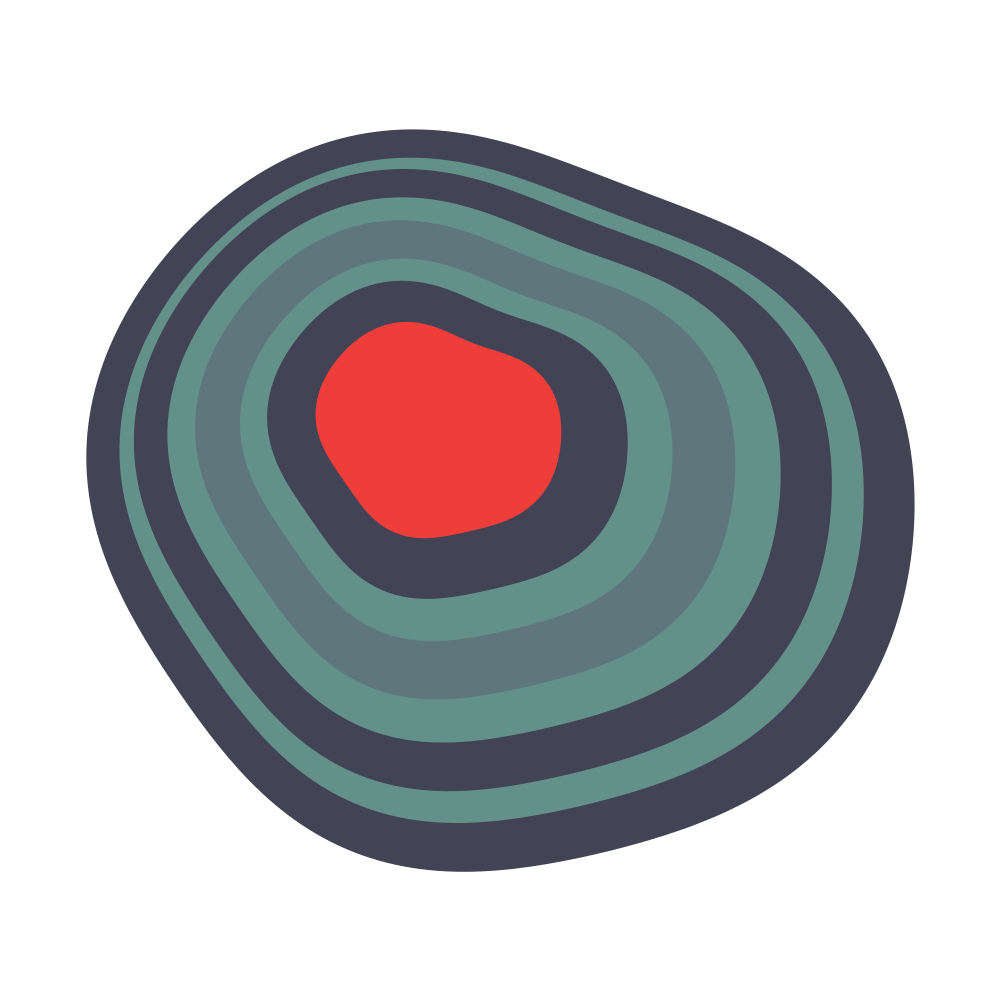 Abstract layered oval with a red center and concentric dark green and gray rings on a white background