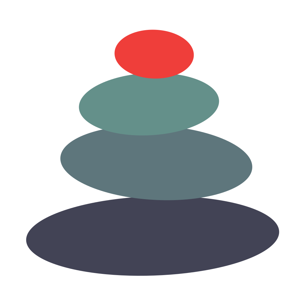 Stacked oval shapes in red, teal, gray-blue, and dark gray, forming a simple abstract figure.
