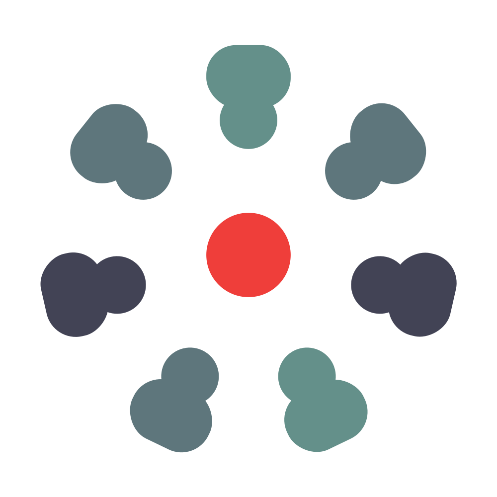 Abstract flower-like logo with teal and dark gray shapes around a red center on a white background