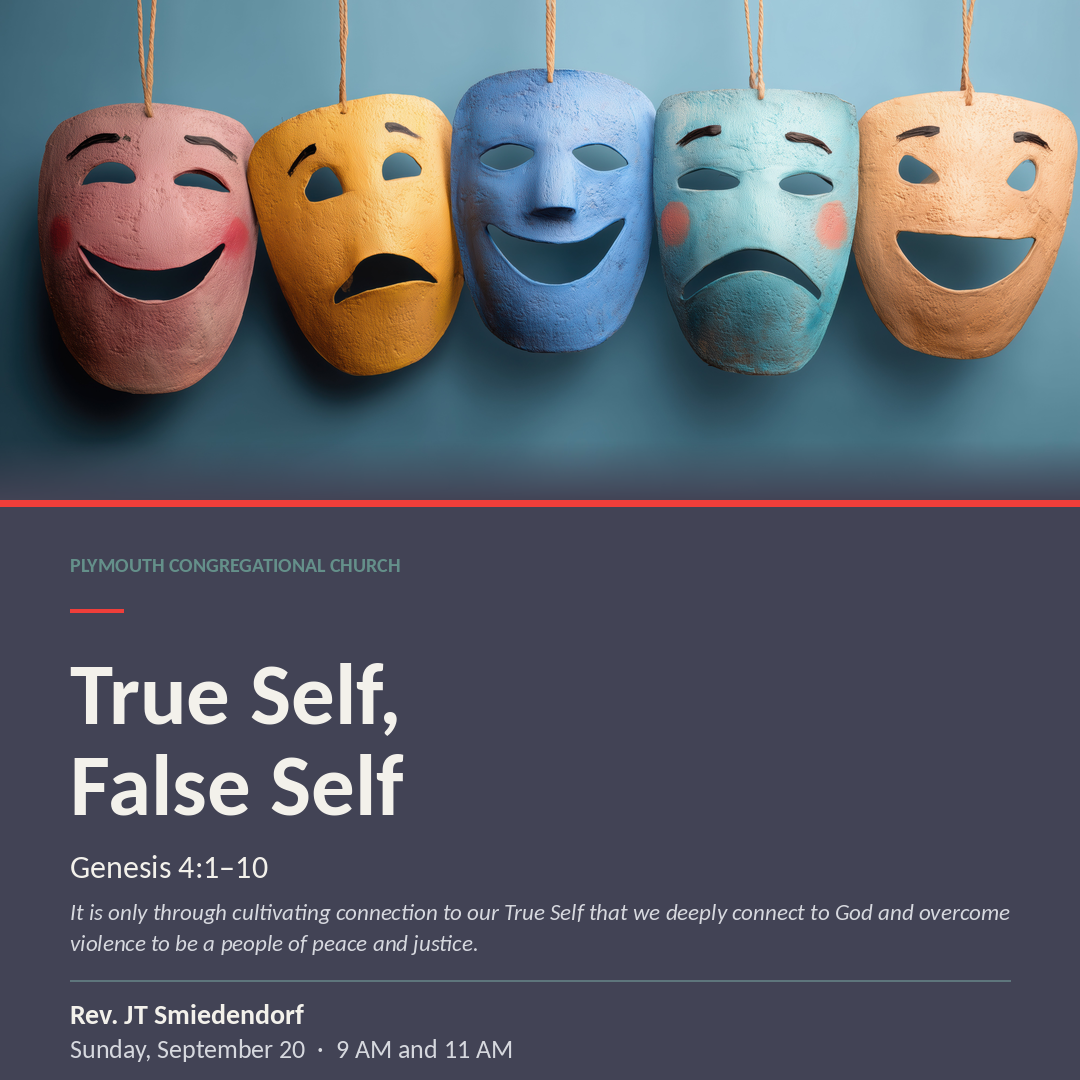 Graphic for Plymouth Congregational Church titled “Transforming Conflict” with teal and red circles