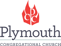 Plymouth Congregational Church logo with red flame and gray text on white background