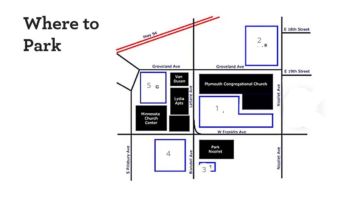 Parking map titled “Where to Park” with colored blocks marking parking areas and roads.