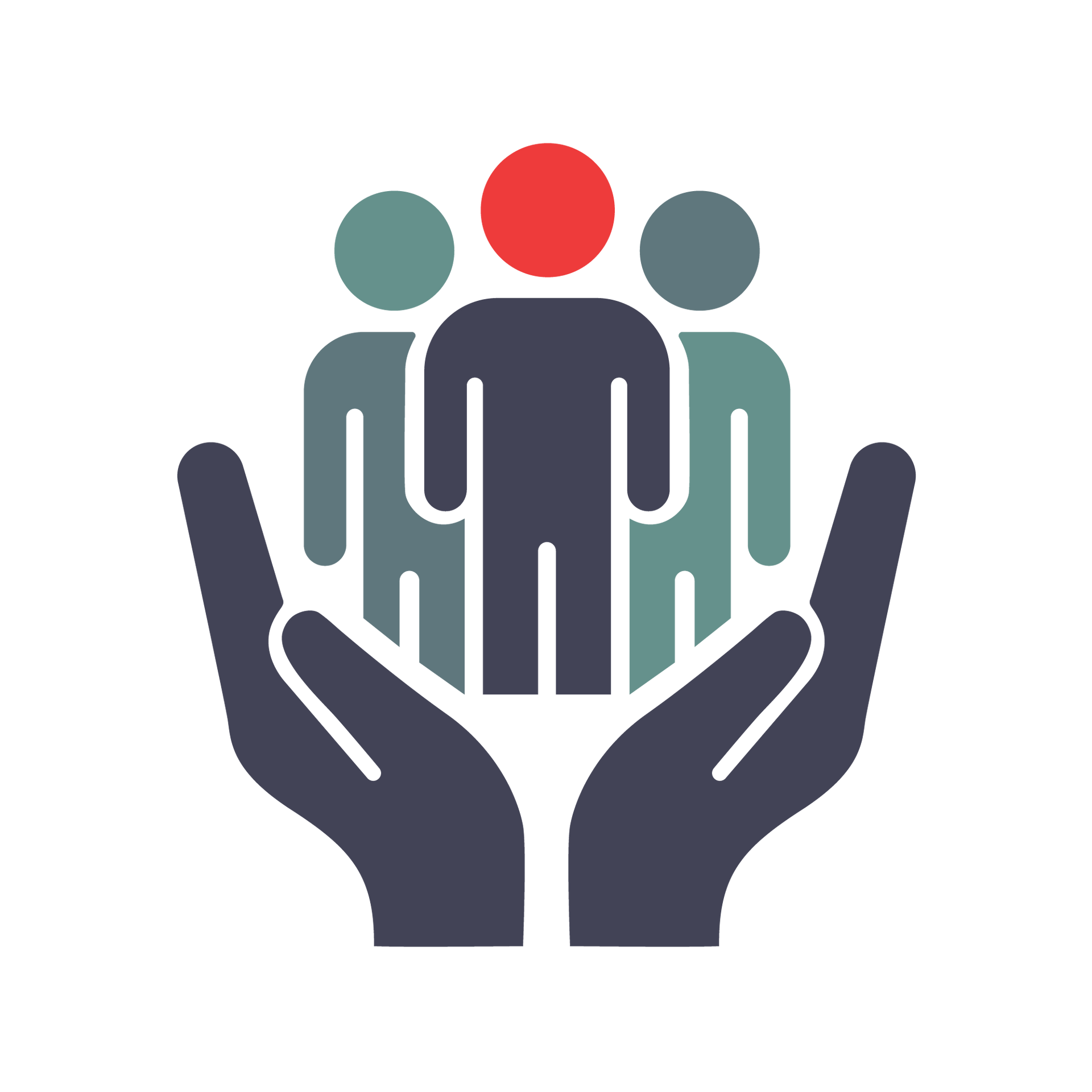 Hands cupping three stylized people icons, suggesting care, support, or community.